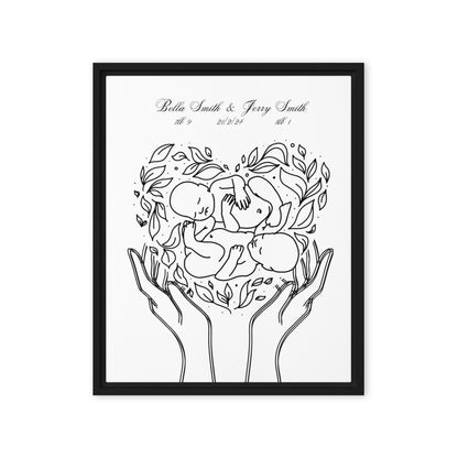 Personalized twins canvas art featuring custom line art design with names and birth details, perfect for celebrating twins and enhancing nursery decor.
