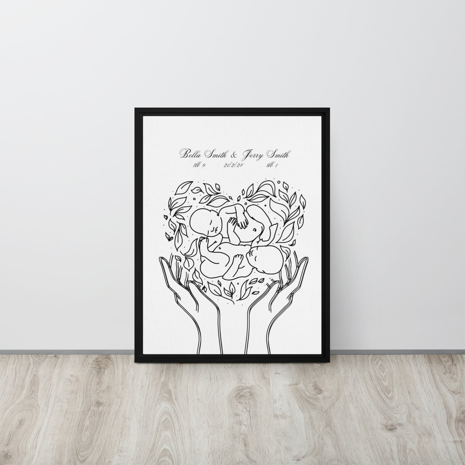 Personalized twins canvas art featuring custom line art design with names and birth details, perfect for celebrating twins and enhancing nursery decor.