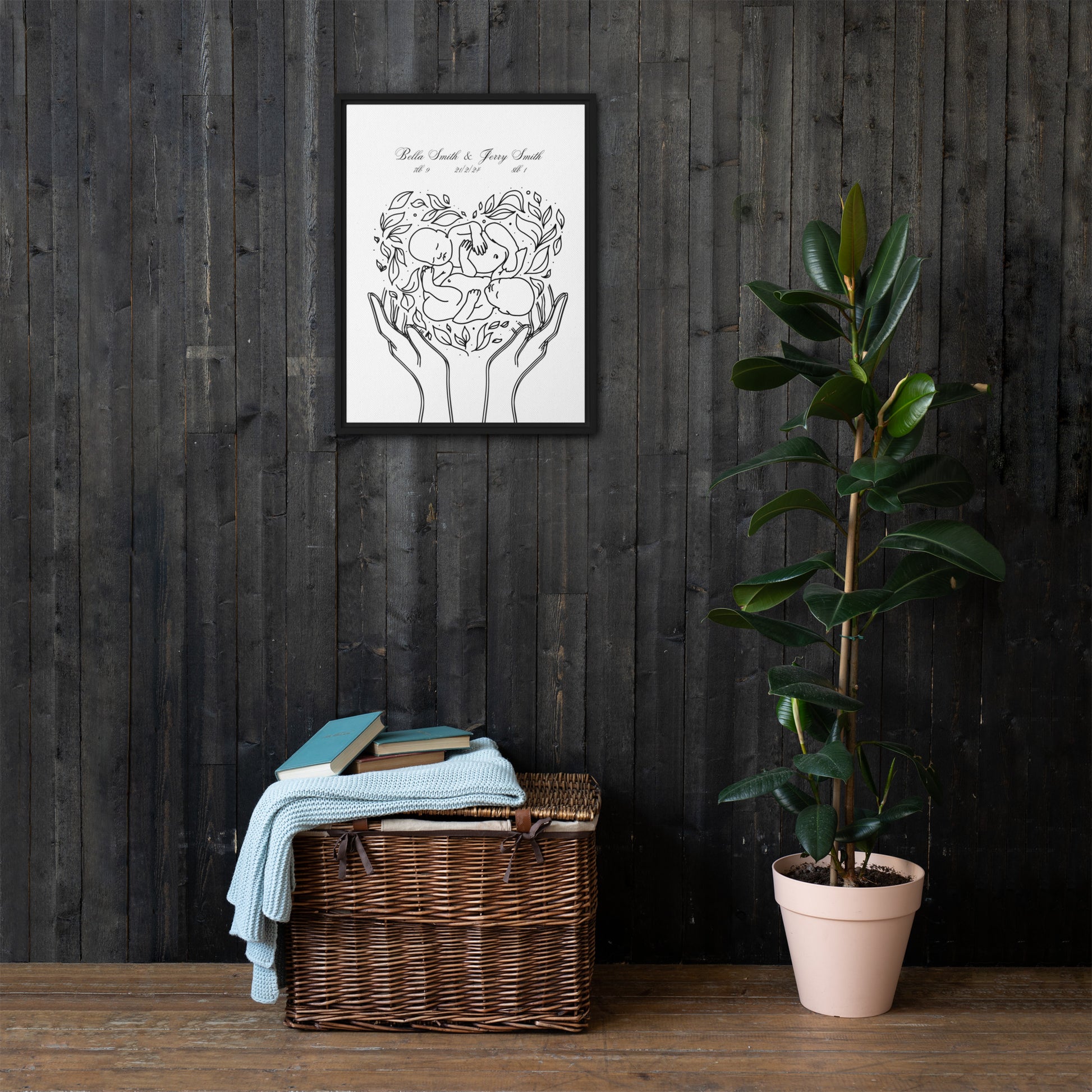Personalized twins canvas art featuring custom line art design with names and birth details, perfect for celebrating twins and enhancing nursery decor.