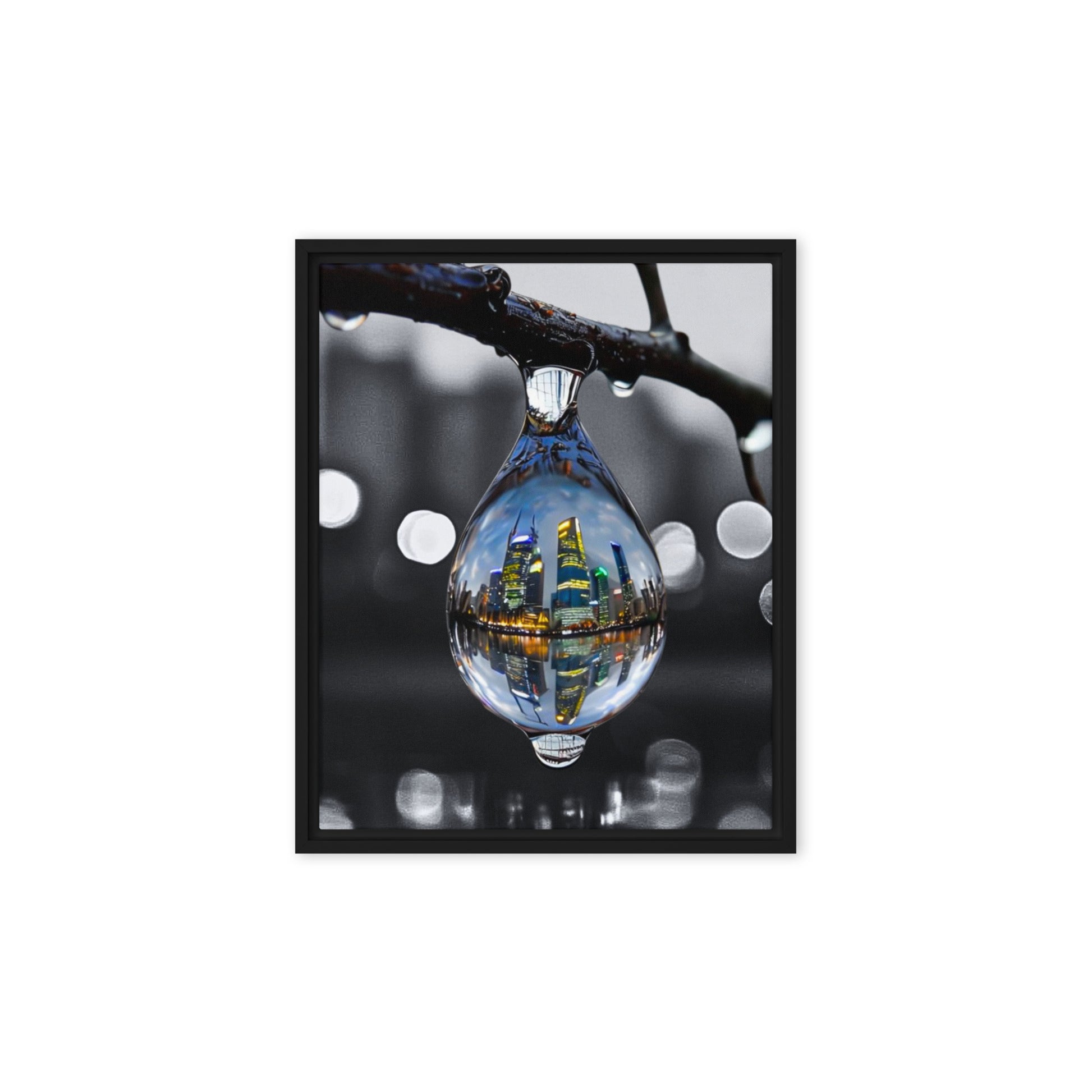 Framed canvas art print of a colorful city skyline reflected in a water droplet. Features unique abstract photography with vibrant colors against a monochrome background. Modern and stylish wall decor.