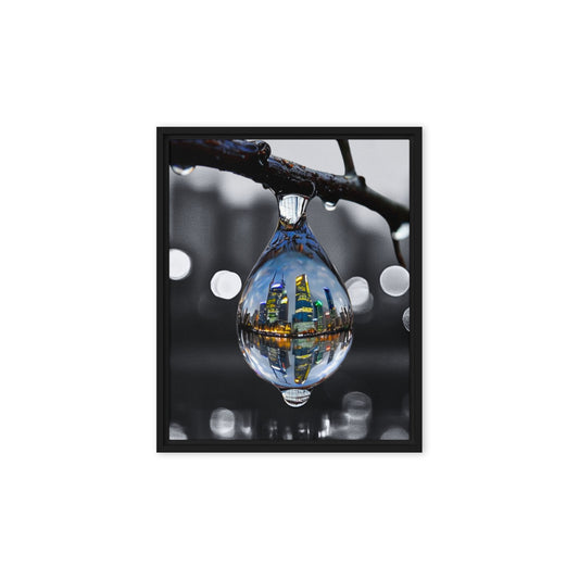 Framed canvas art print of a colorful city skyline reflected in a water droplet. Features unique abstract photography with vibrant colors against a monochrome background. Modern and stylish wall decor.