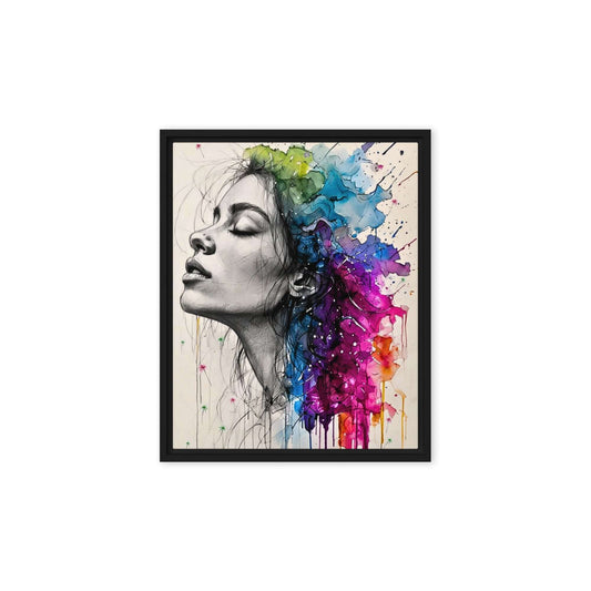 Black framed "{{product-type}}" featuring a woman's portrait with one half as a black and white sketch and the other half as an explosion of vibrant watercolour. The "{{title}}" design is a powerful piece of emotional art.