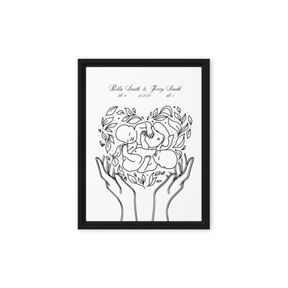 Personalized twins canvas art featuring custom line art design with names and birth details, perfect for celebrating twins and enhancing nursery decor.