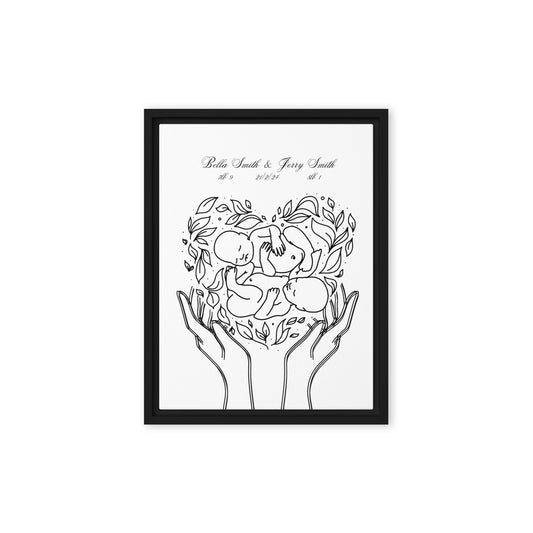 Personalized twins canvas art featuring custom line art design with names and birth details, perfect for celebrating twins and enhancing nursery decor.