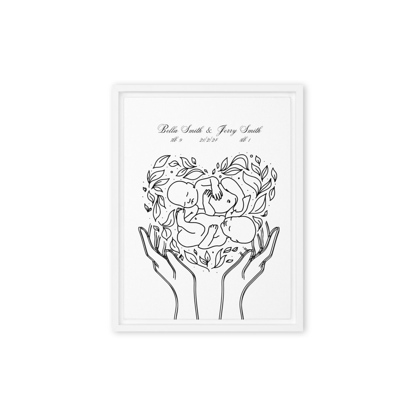 Personalized twins canvas art featuring custom line art design with names and birth details, perfect for celebrating twins and enhancing nursery decor.