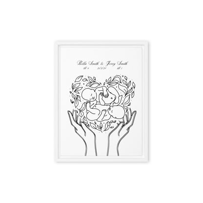 Personalized twins canvas art featuring custom line art design with names and birth details, perfect for celebrating twins and enhancing nursery decor.