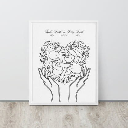 Personalized twins canvas art featuring custom line art design with names and birth details, perfect for celebrating twins and enhancing nursery decor.