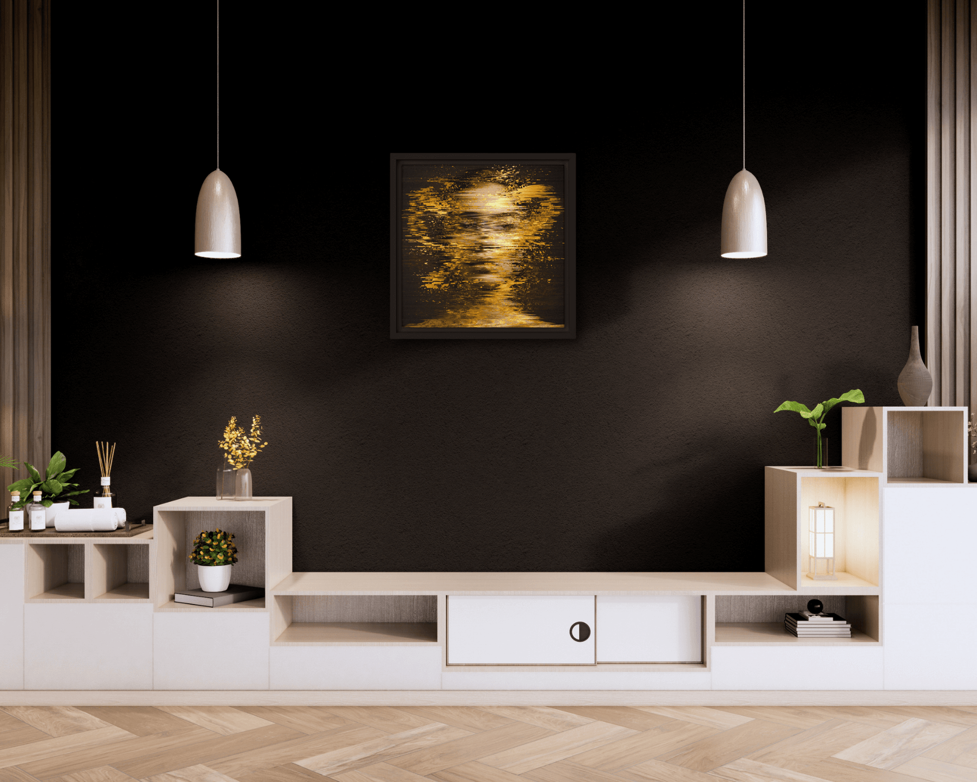 Black framed "{{product-type}}" with an abstract design of shimmering gold light on a dark background. The "{{title}}" art is a modern and calming piece for inner peace.