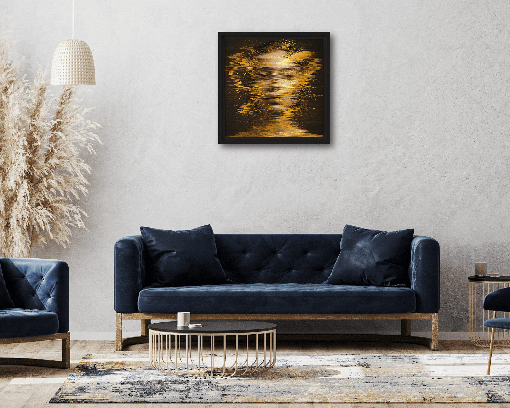 Black framed "{{product-type}}" with an abstract design of shimmering gold light on a dark background. The "{{title}}" art is a modern and calming piece for inner peace.