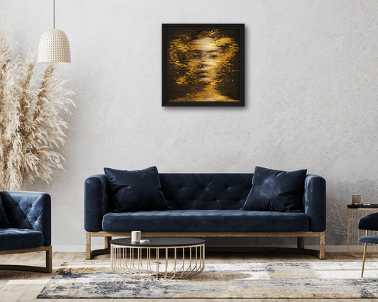 Black framed "{{product-type}}" with an abstract design of shimmering gold light on a dark background. The "{{title}}" art is a modern and calming piece for inner peace.