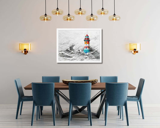 Framed "{{product-type}}" featuring a colourful lighthouse in a stormy sea, symbolising strength and resilience. The "{{title}}" design is an inspirational piece of coastal wall art.