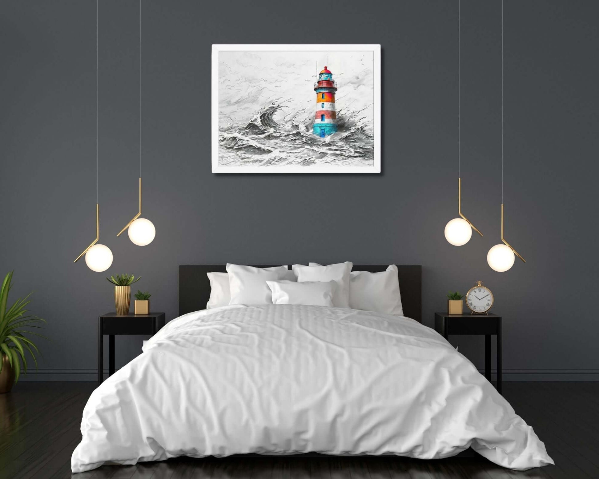 Framed "{{product-type}}" featuring a colourful lighthouse in a stormy sea, symbolising strength and resilience. The "{{title}}" design is an inspirational piece of coastal wall art.