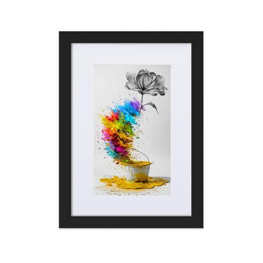Minimalist flower art print with a burst of rainbow colors. Perfect for modern living rooms and vibrant home decor. Framed poster for wall art.