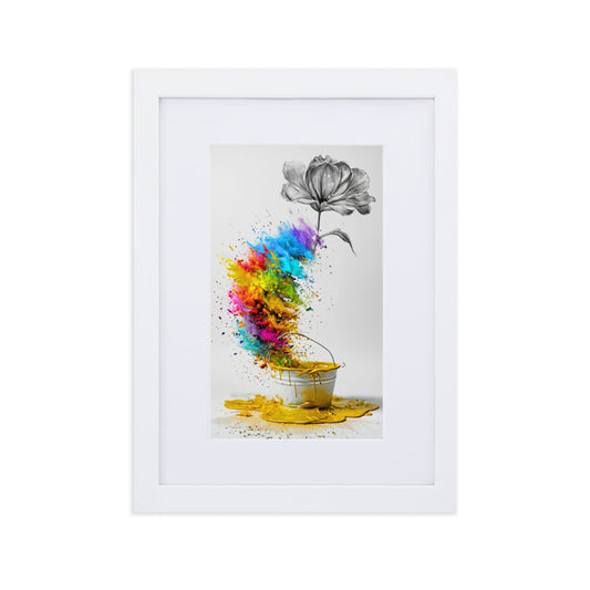 Minimalist flower art print with a burst of rainbow colors. Perfect for modern living rooms and vibrant home decor. Framed poster for wall art.