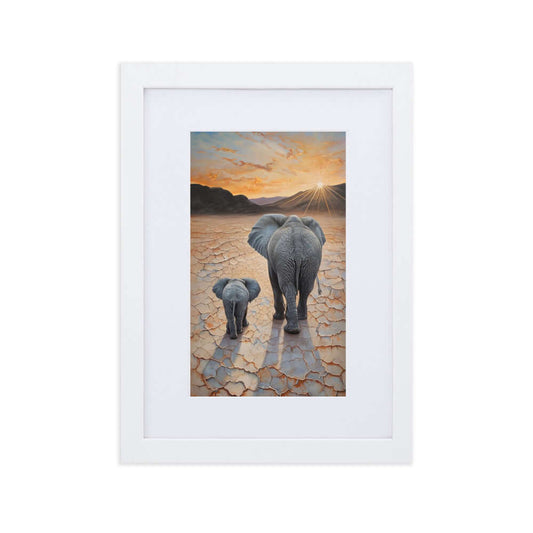 Framed "{{product-type}}" featuring a mother and baby elephant with the title "{{title}}". A thoughtful nursery and new mum gift.