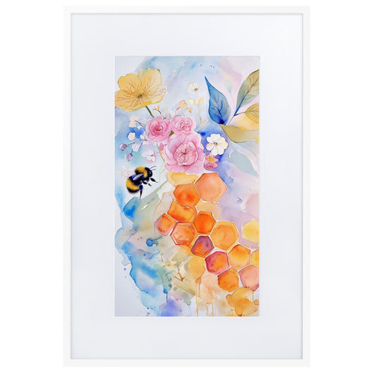 Joyful Bee & Honeycomb framed watercolour art print, expressing happiness & calm. Made in the UK. 10% profits to Women's Aid & NAS. Free UK shipping! Shop Now!
