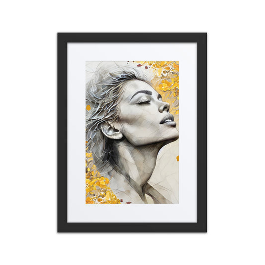 Black framed poster with mat showcasing a serene watercolor portrait of a woman's face with golden floral accents. Elegant and inspirational wall art for home decor.
