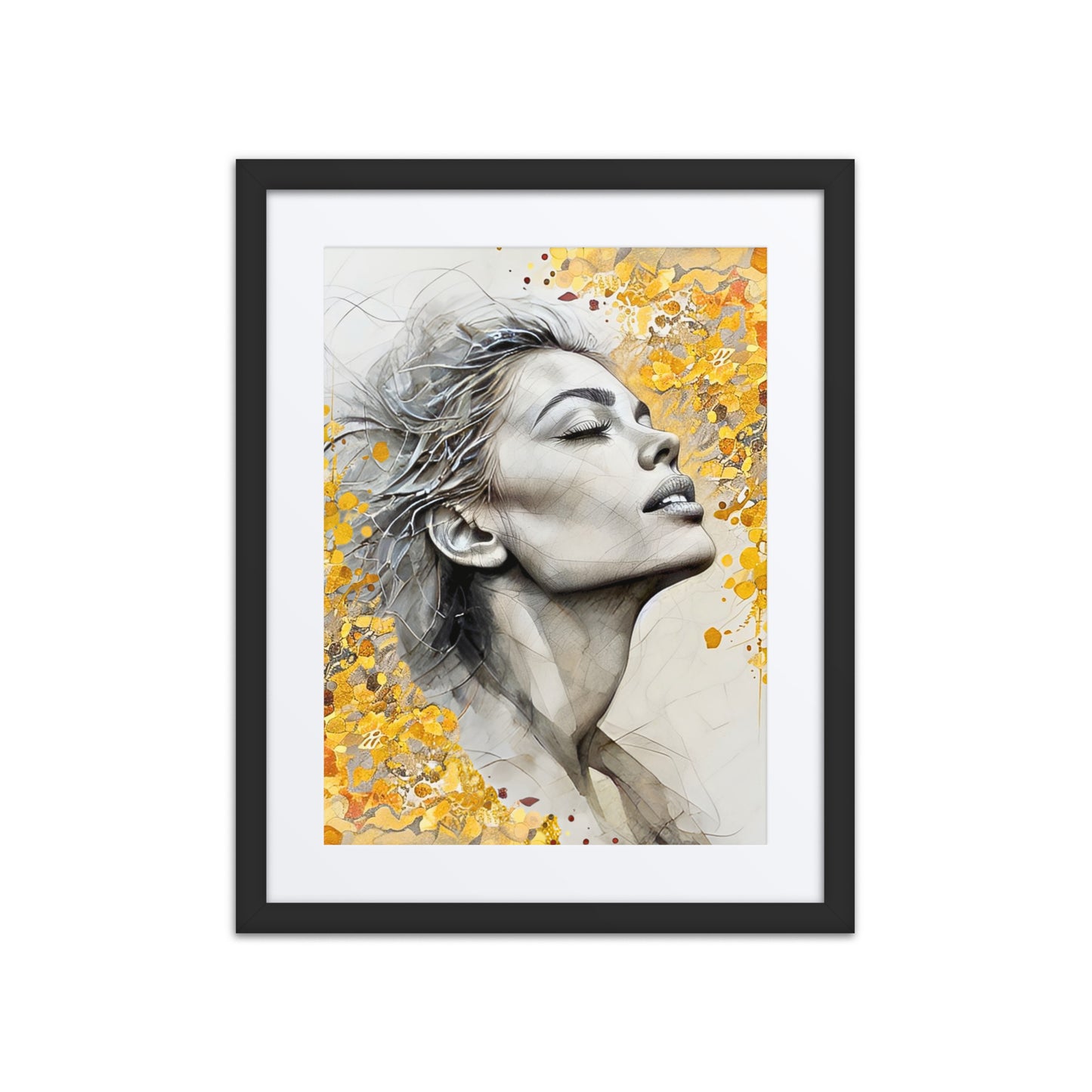 Black framed poster with mat showcasing a serene watercolor portrait of a woman's face with golden floral accents. Elegant and inspirational wall art for home decor.