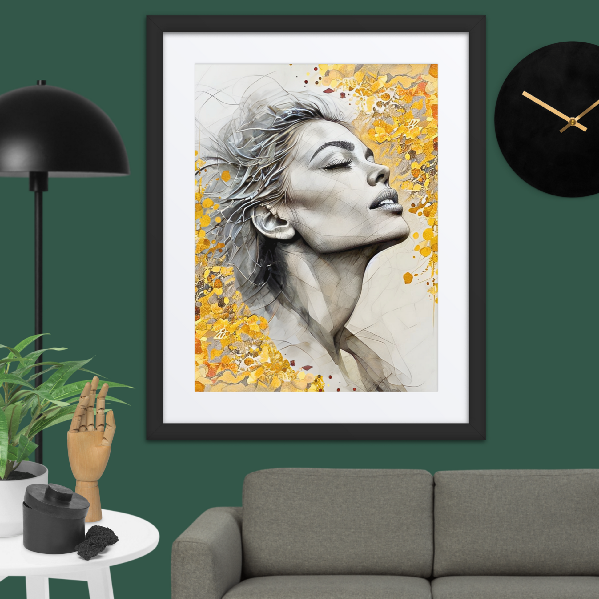 Black framed poster with mat showcasing a serene watercolor portrait of a woman's face with golden floral accents. Elegant and inspirational wall art for home decor.