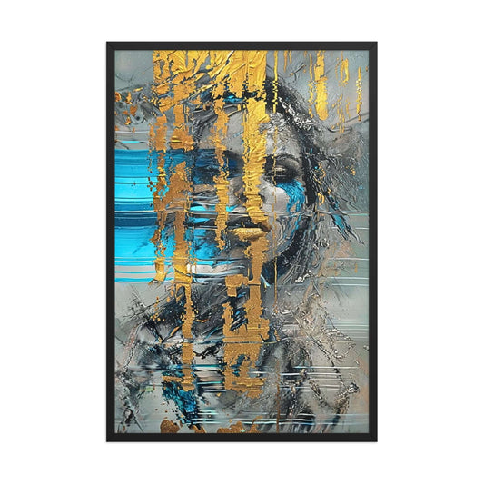 Black framed "{{product-type}}" with a person holding a vibrant rainbow umbrella on a black and white rainy street. The "{{title}}" design is a powerful symbol of hope and resilience.