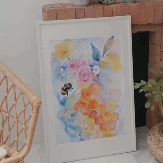 Framed "{{product-type}}" with abstract watercolour flowers in calm, pastel colors. The "{{title}}" design is perfect for creating a serene and joyful space.