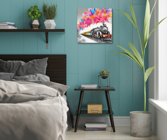 Canvas art titled 'Colorful Steam Train,' featuring a vintage steam train in vibrant colors, perfect for railway enthusiasts and classic decor lovers.